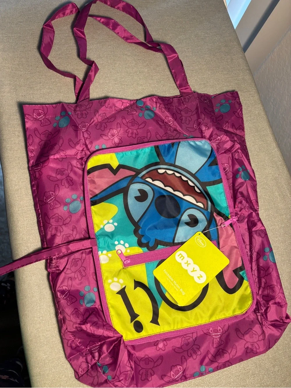 NWT Rare Find Disney Foldable Tote Bag with Stitch - Purple - Front Zip Pocket